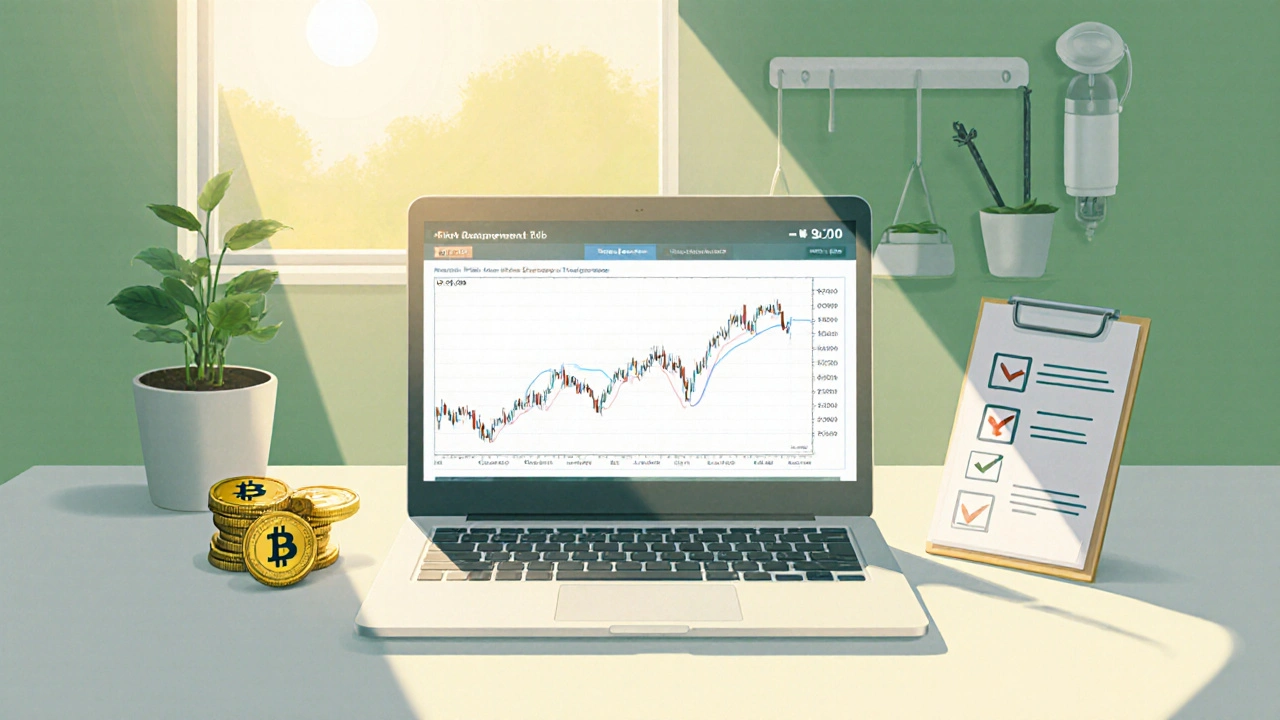 Trader che utilizza stablecoin, stop‑loss e pianifica gestione del rischio in ambiente sereno.