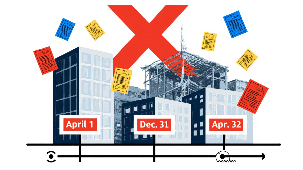 Tre edifici aziendali su una linea temporale con scadenze e polizze colorate, con un magazzino distrutto in fondo.