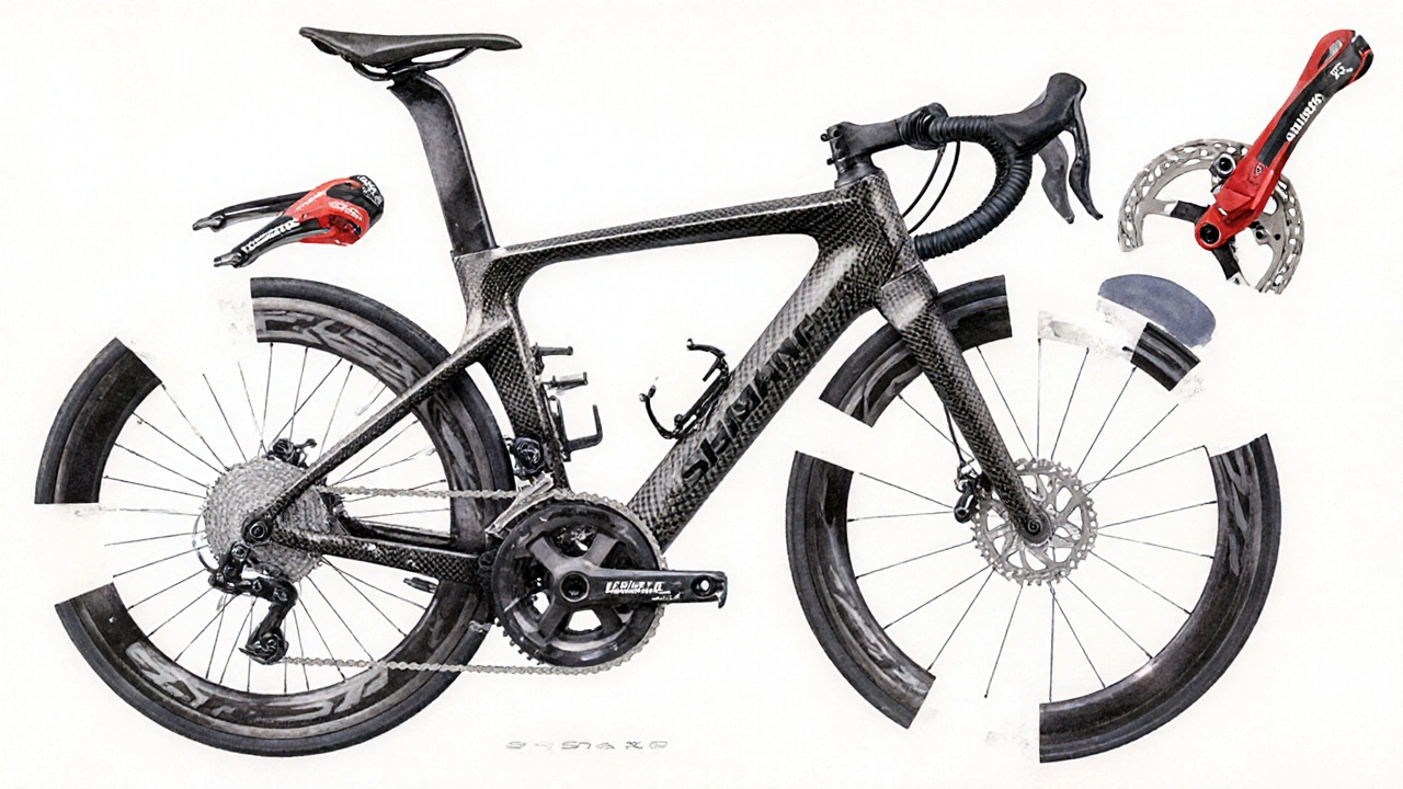 Vista esplosa di una bici da corsa premium con telaio in carbonio, gruppo Dura‑Ace, freni a disco e ruote aerodinamiche.