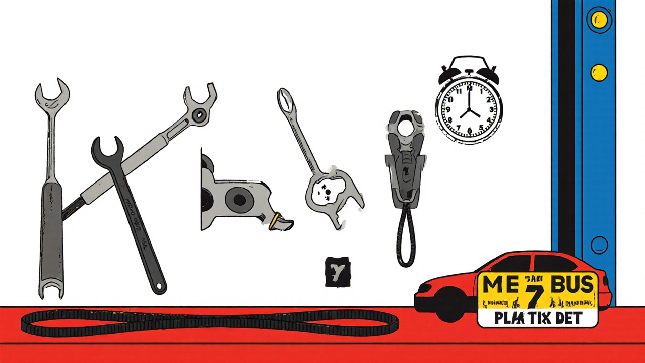 Attrezzi e kit per la sostituzione della cinghia disposti in stile De Stijl su un tavolo.