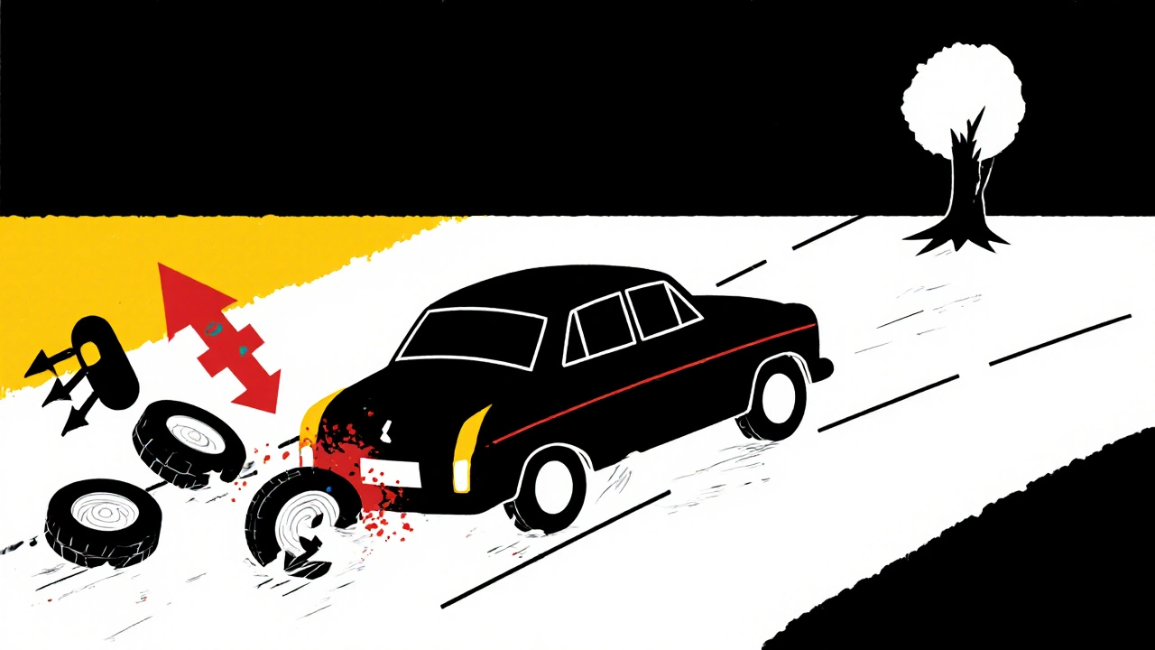 Auto che slitta su strada bagnata, con distanze di frenata e ammortizzatore rotto, stile De Stijl geometrico.