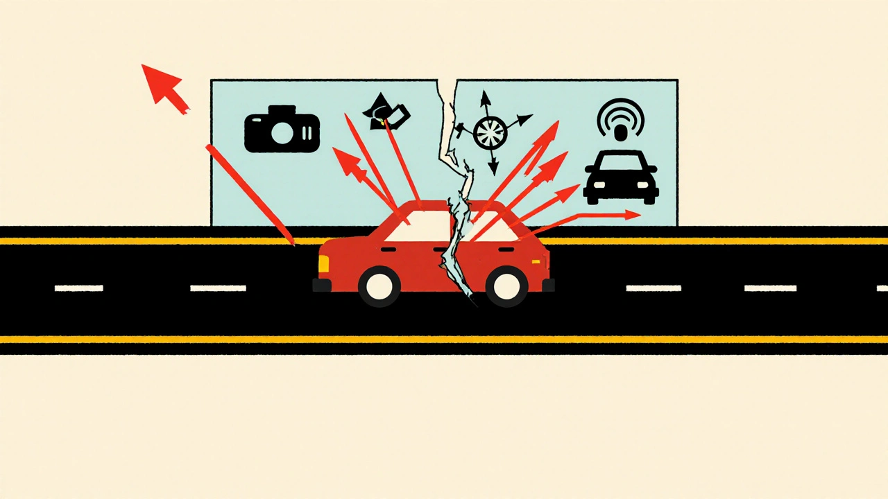 Auto in movimento con sensori storti che inviano frecce errate, rappresentati in forme astratte di colori primari.