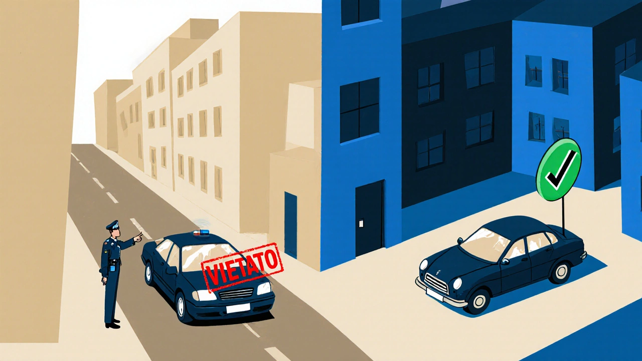 Auto in strada con divieto da un agente, confrontata con la stessa auto al sicuro in cortile privato.