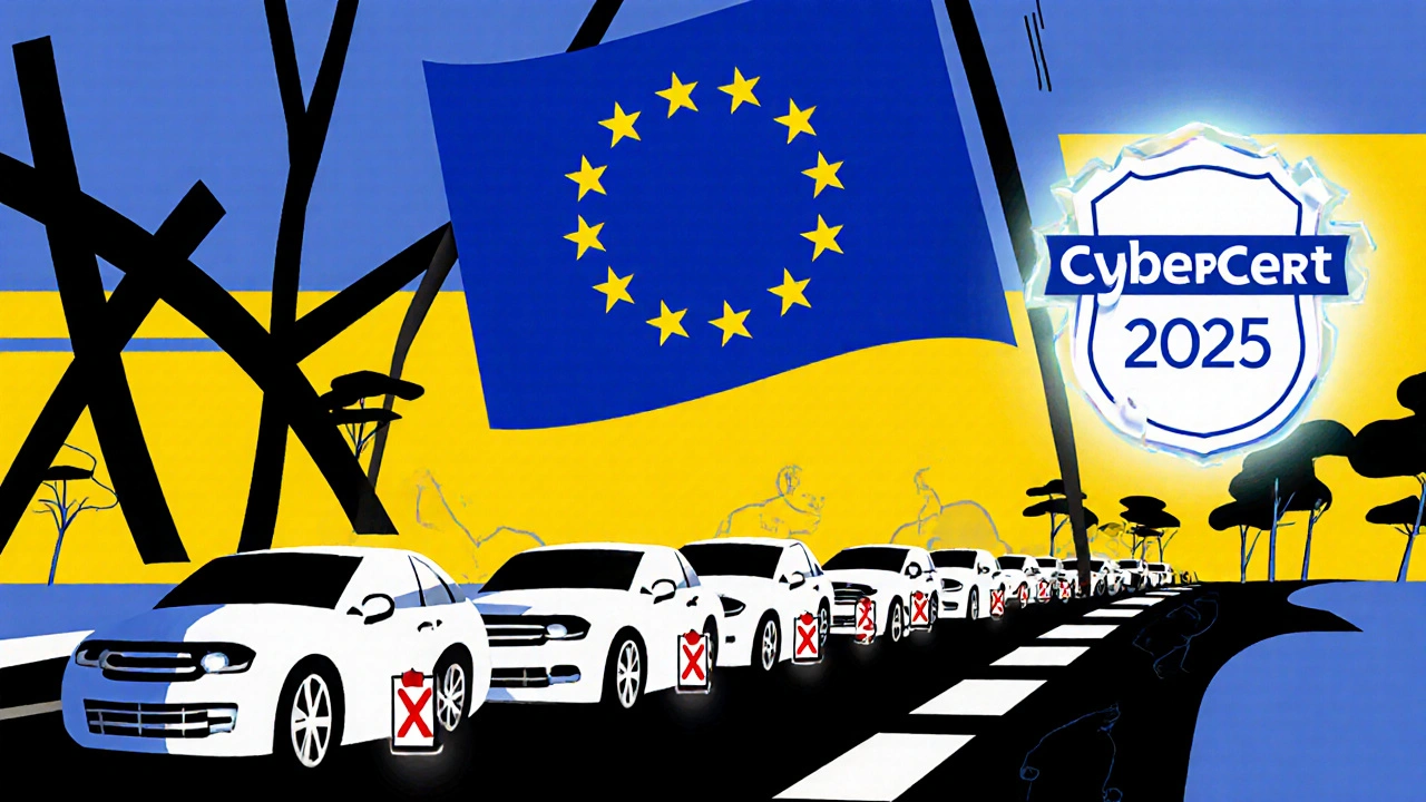 Auto sulla strada con badge di certificazione cyber in stile De Stijl e colori primari