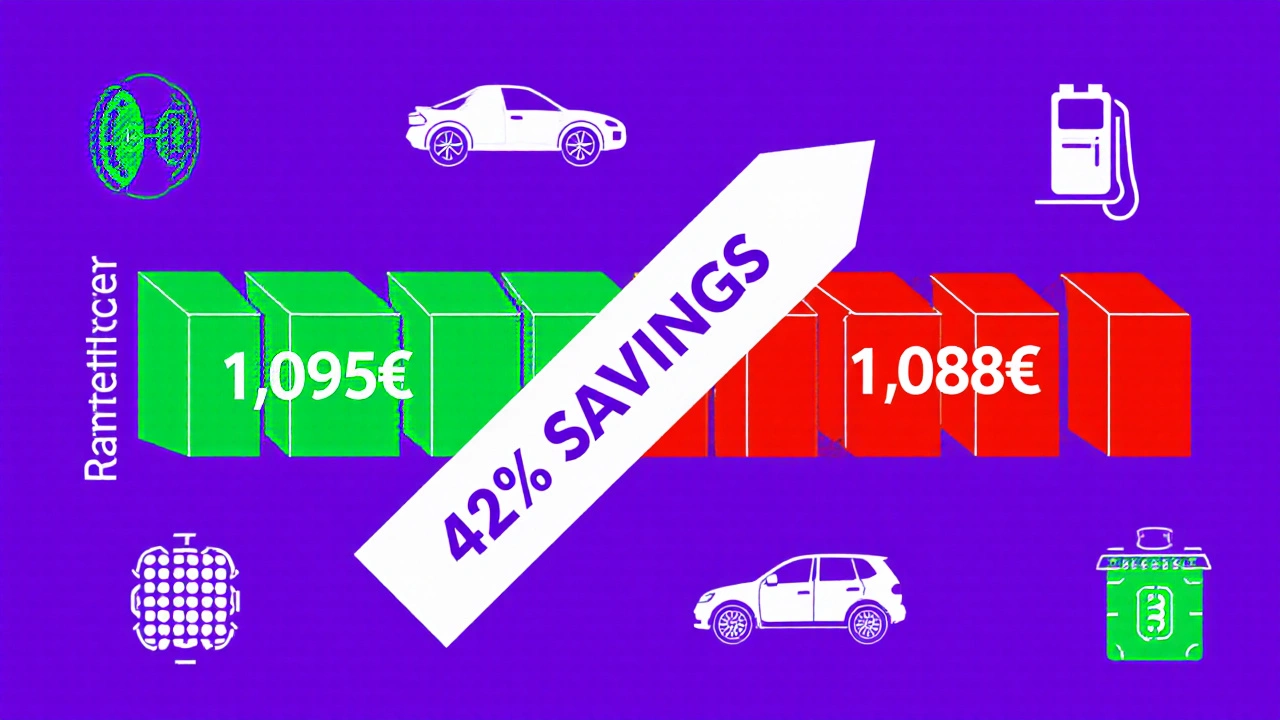 Barra comparativa dei costi di manutenzione tra auto elettrica e a benzina su 6 anni, con freccia del 42% di risparmio.