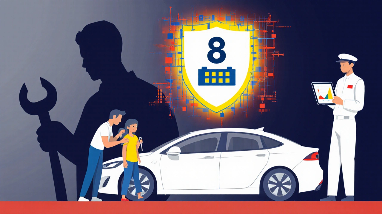 Batteria protetta da garanzia di 8 anni in stile geometrico, con meccanico autorizzato vs. meccanico non qualificato.