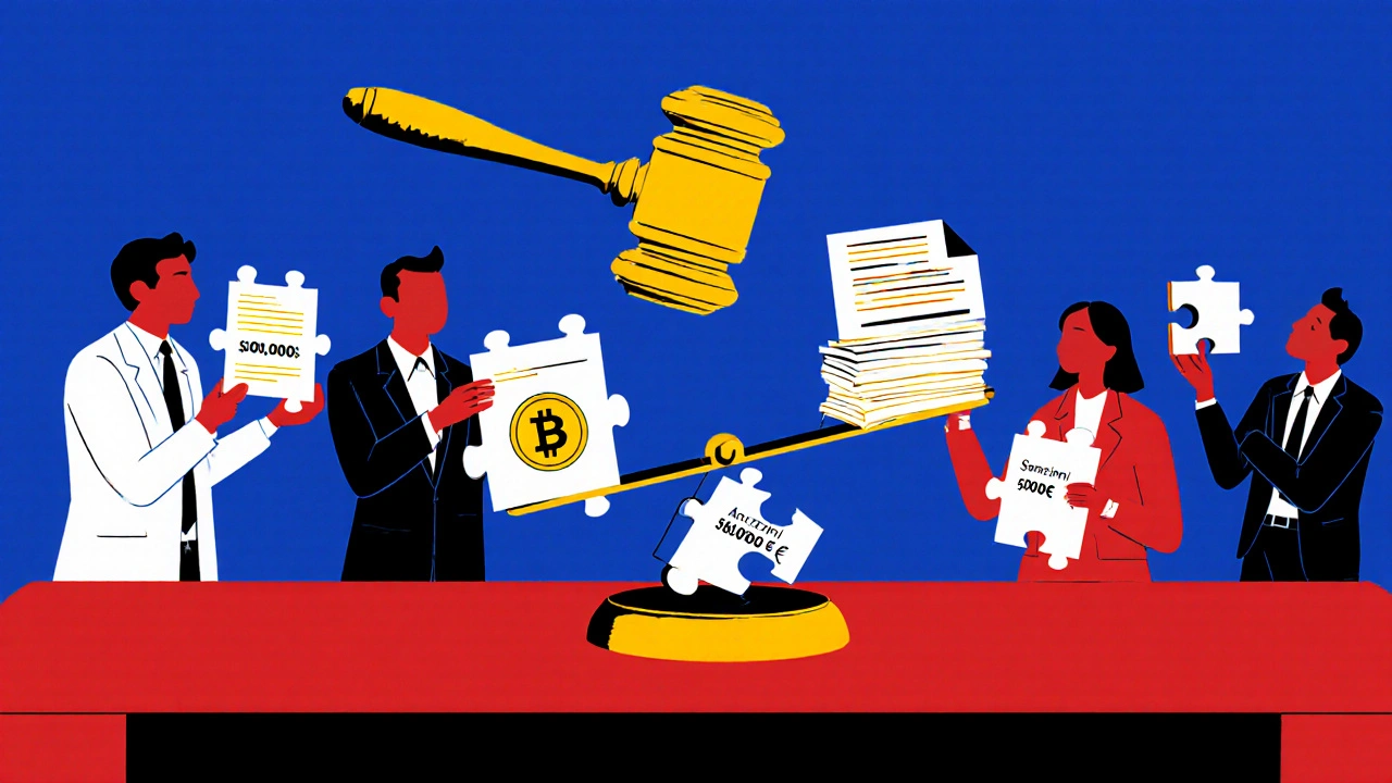 Bilancia in tribunale che pesa documenti cartacei contro un token digitale, con professionisti che tengono pezzi di un puzzle con &#039;Sanzioni 50.000€&#039;.