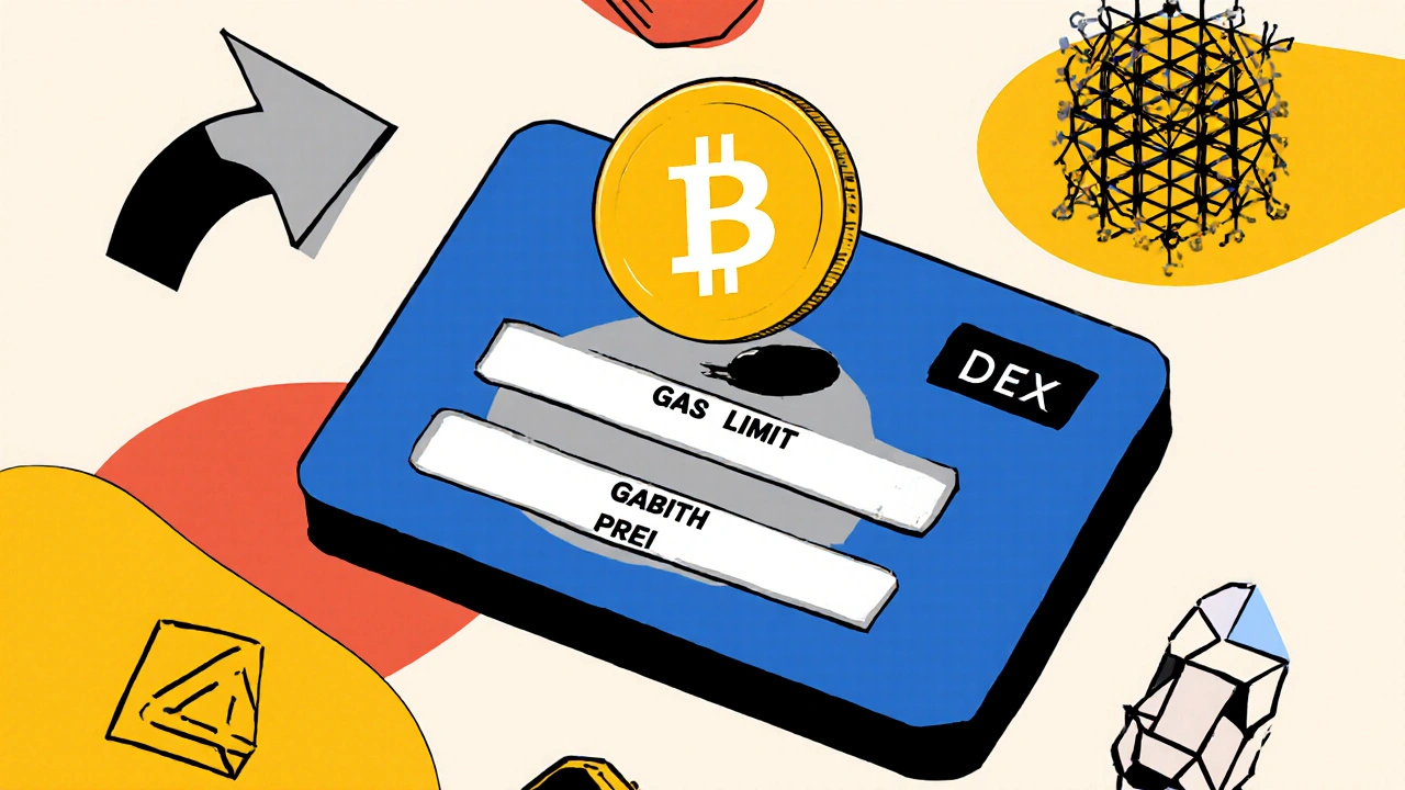 Calcolatrice geometrica che moltiplica Gas Limit e Gas Price in un simbolo ETH, con icone di operazioni blockchain.