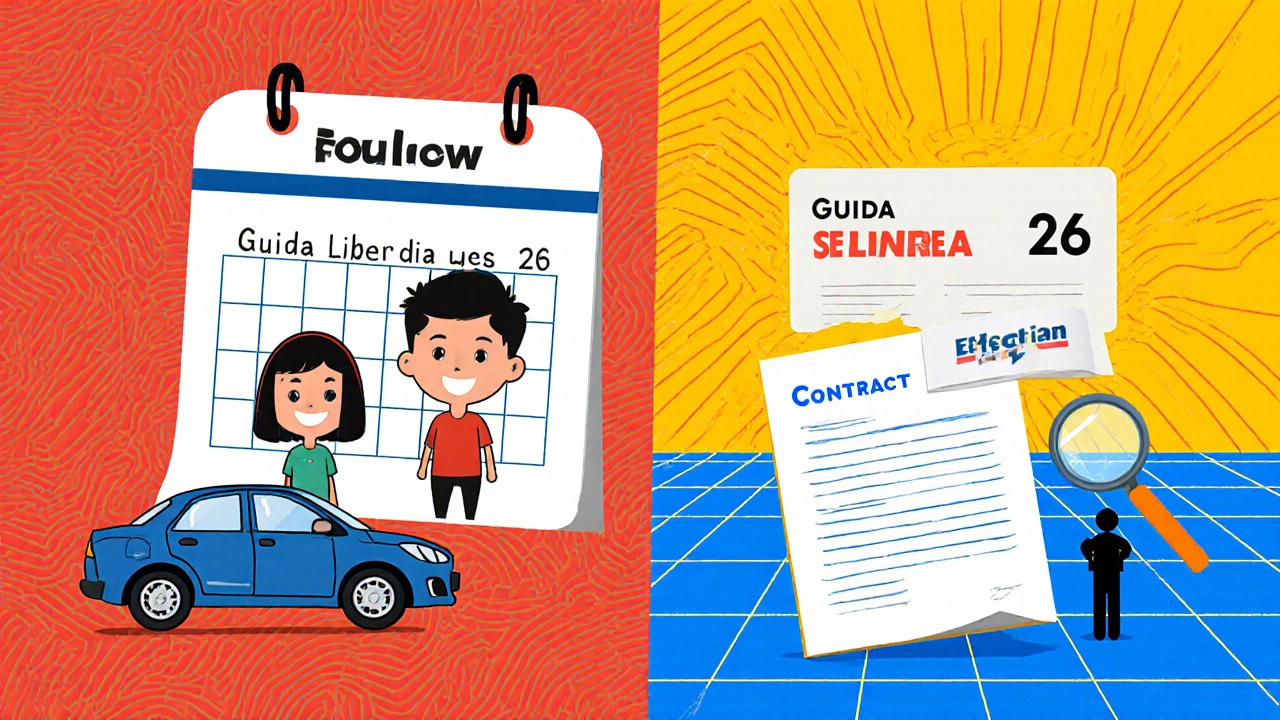 Calendario che mostra un giovane che cresce da 18 a 26 anni mentre la polizza auto cambia da libera a esperta in stile De Stijl.