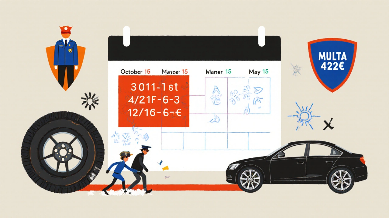 Calendario con date legali per il cambio gomme e un agente di polizia che indica una multa in stile De Stijl.