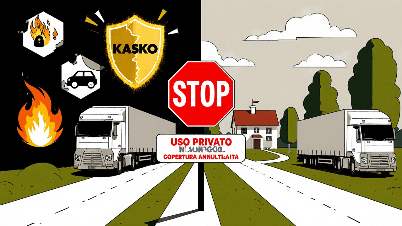 Camion con scudo Kasko integro a sinistra e scudo rotto a destra, segnato &#039;Uso Privato&#039;.