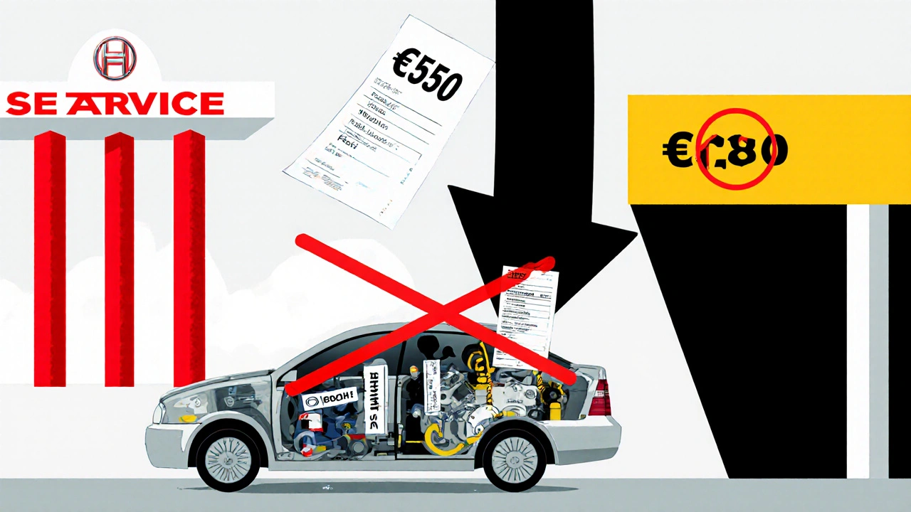 Confronto tra costi di officina ufficiale e officina indipendente con ricambi certificati.
