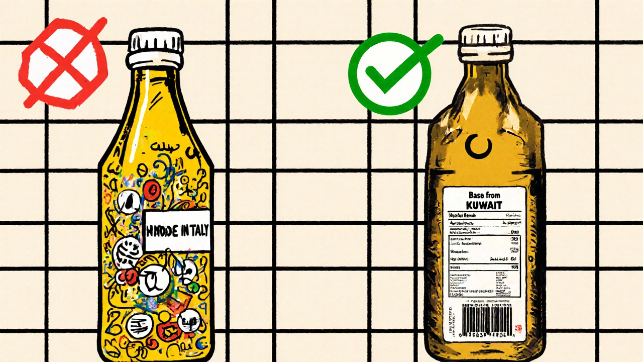 Confronto tra etichetta illegale e conforme per olio auto, in stile geometrico De Stijl.