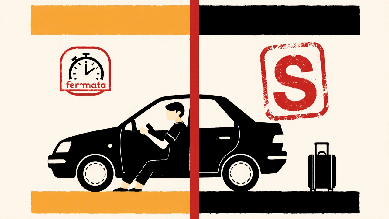 Confronto tra fermata e sosta in stile geometrico con orologio e simbolo S.