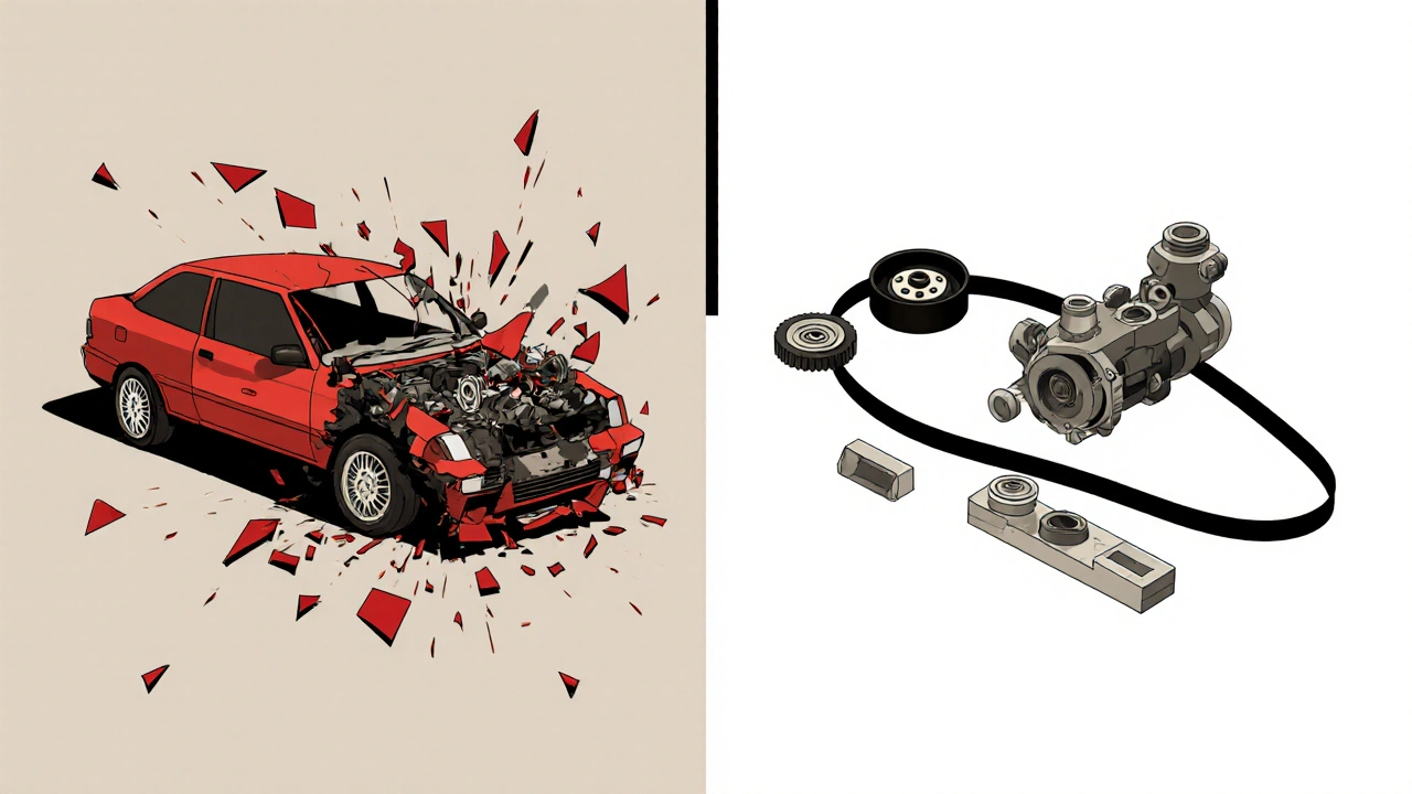 Confronto tra motore distrutto e kit completo in stile geometrico e minimalista.
