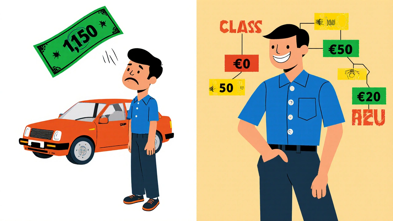 Confronto tra premi assicurativi alti e bassi con colori primari e forme astratte.