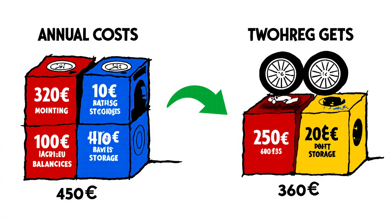 Confronto visivo dei costi annui con e senza due set di cerchi, in stile geometrico De Stijl con blocchi colorati.