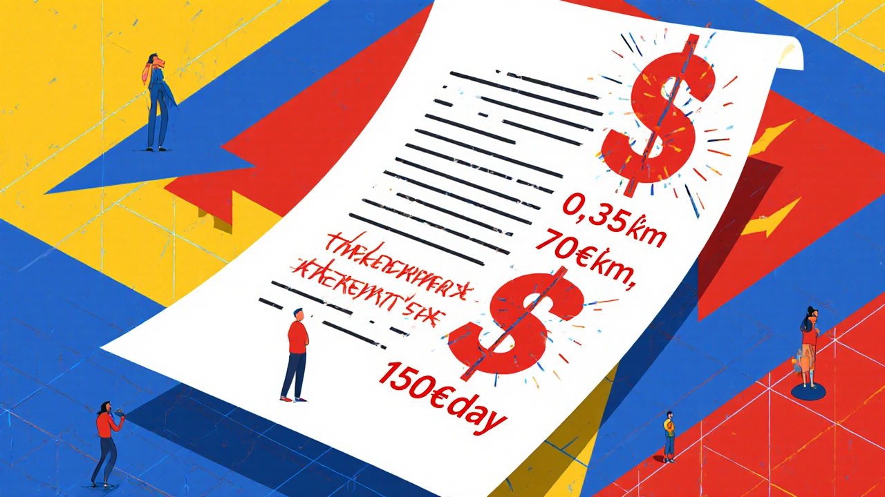 Contratto con costi nascosti che schiacciano un cliente, numeri enormi di penali in stile geometrico.