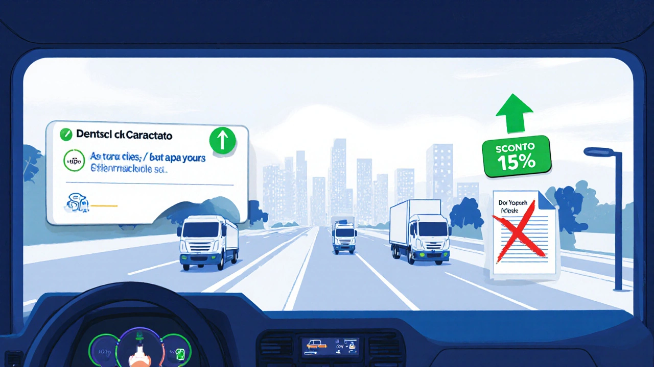 Cruscotto digitale di un camion elettrico nel 2025 con indicatore chilometri e sconto 15%.