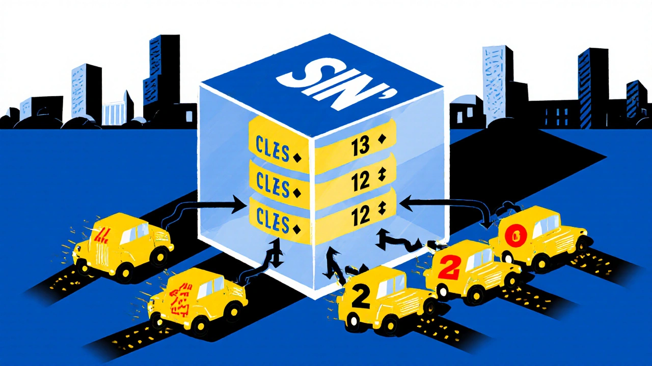 Cubo SIN con auto che cambiano classe, colori primari e linee nette, stile De Stijl.
