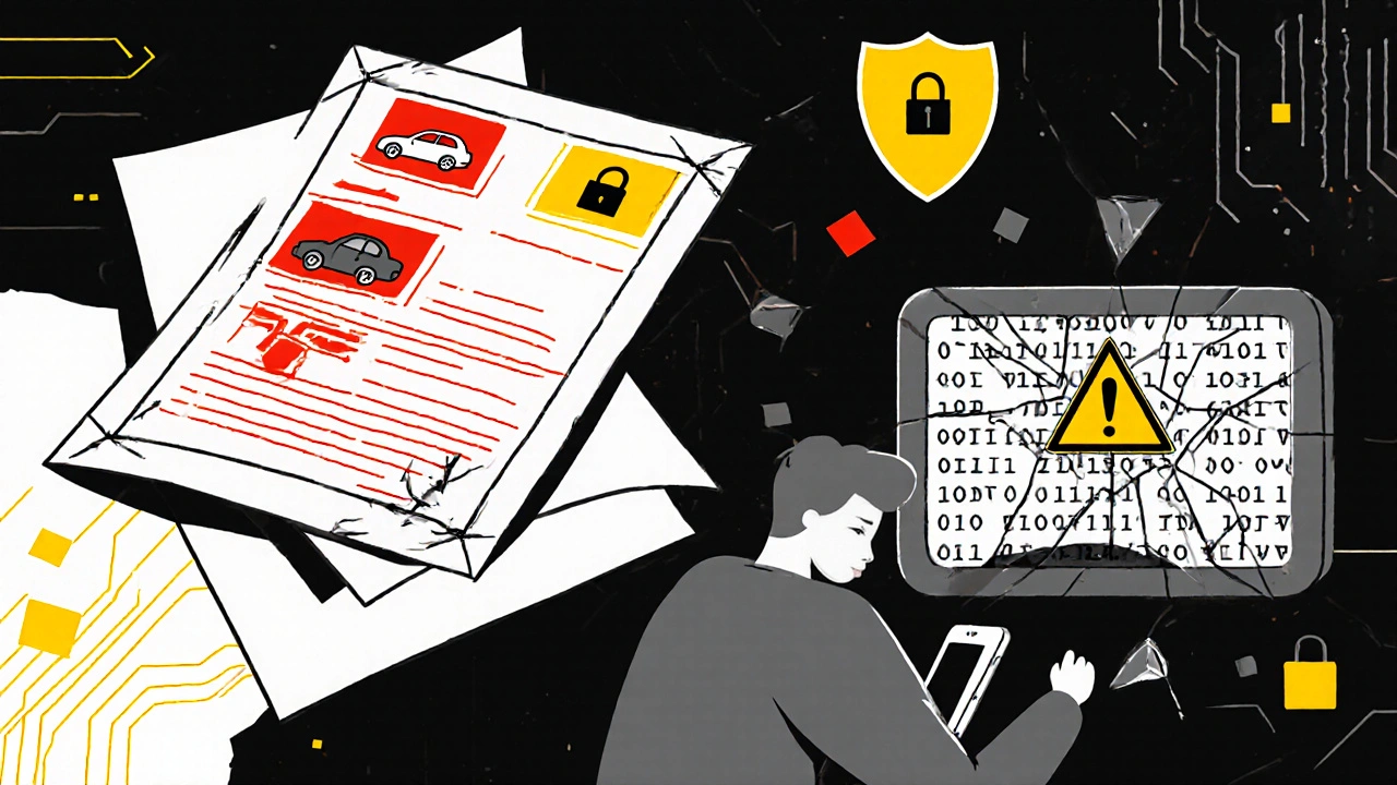 Documento assicurativo con icone di auto e serratura in stile geometrico monocromo