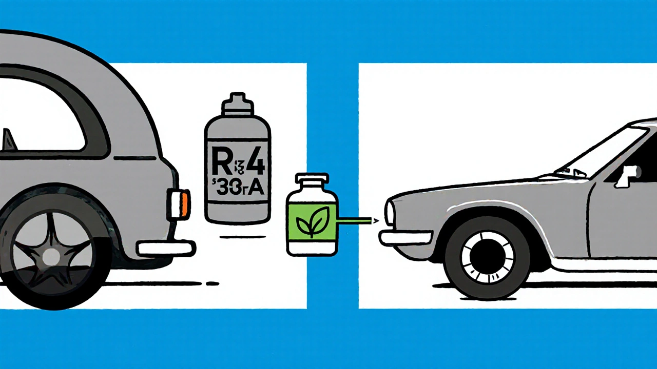 Due auto, vecchia e moderna, con diversi gas refrigeranti rappresentati da contenitori geometrici.