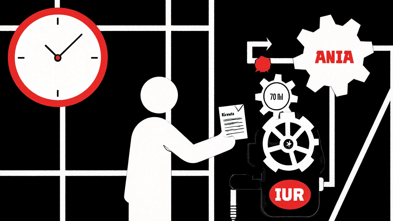 Due figure astratte che scambiano documenti con un sistema digitale in stile De Stijl.