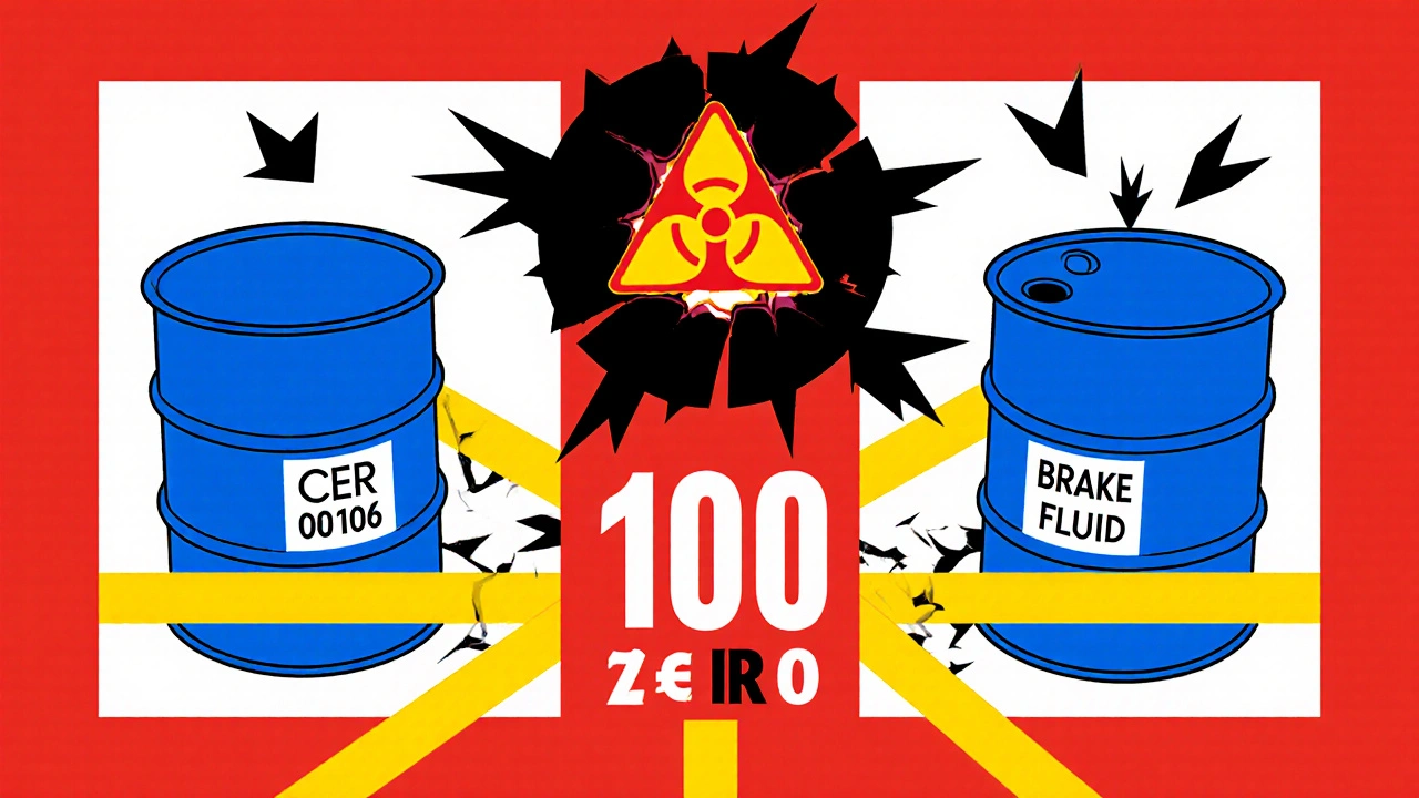 Due liquidi auto miscelati in un fusto rotto, con simbolo di pericolo e multa in cifre astratte.