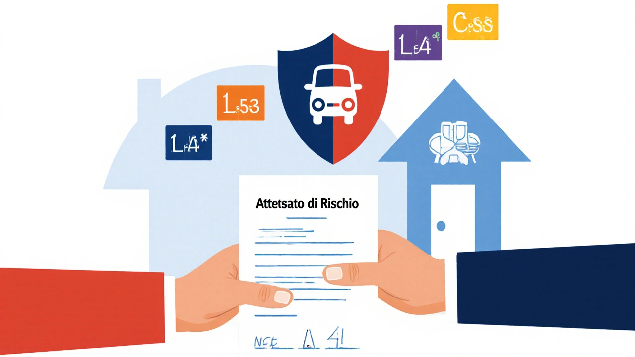 Due mani che scambiano un documento per la Legge Bersani, casa e auto simboliche in stile De Stijl.