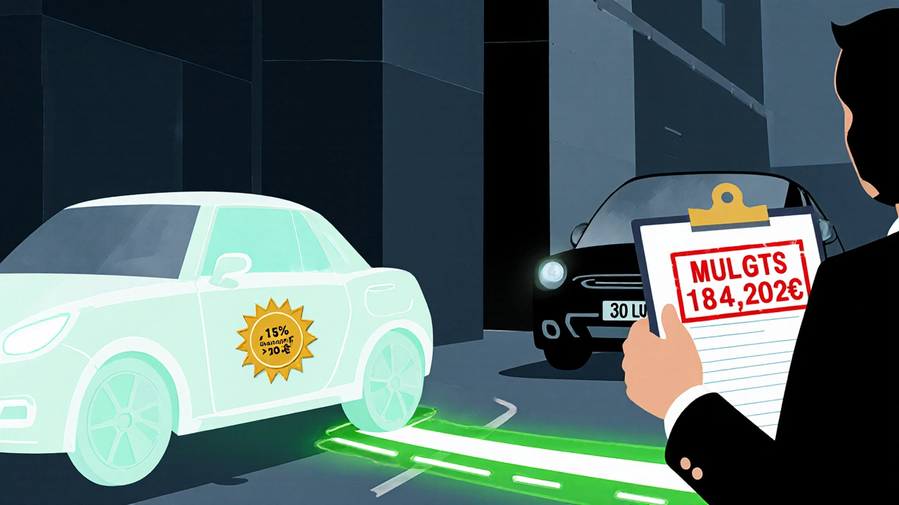 Furgone elettrico con sconto 15% accanto a uno diesel con multa, in stile geometrico De Stijl con conto alla rovescia.