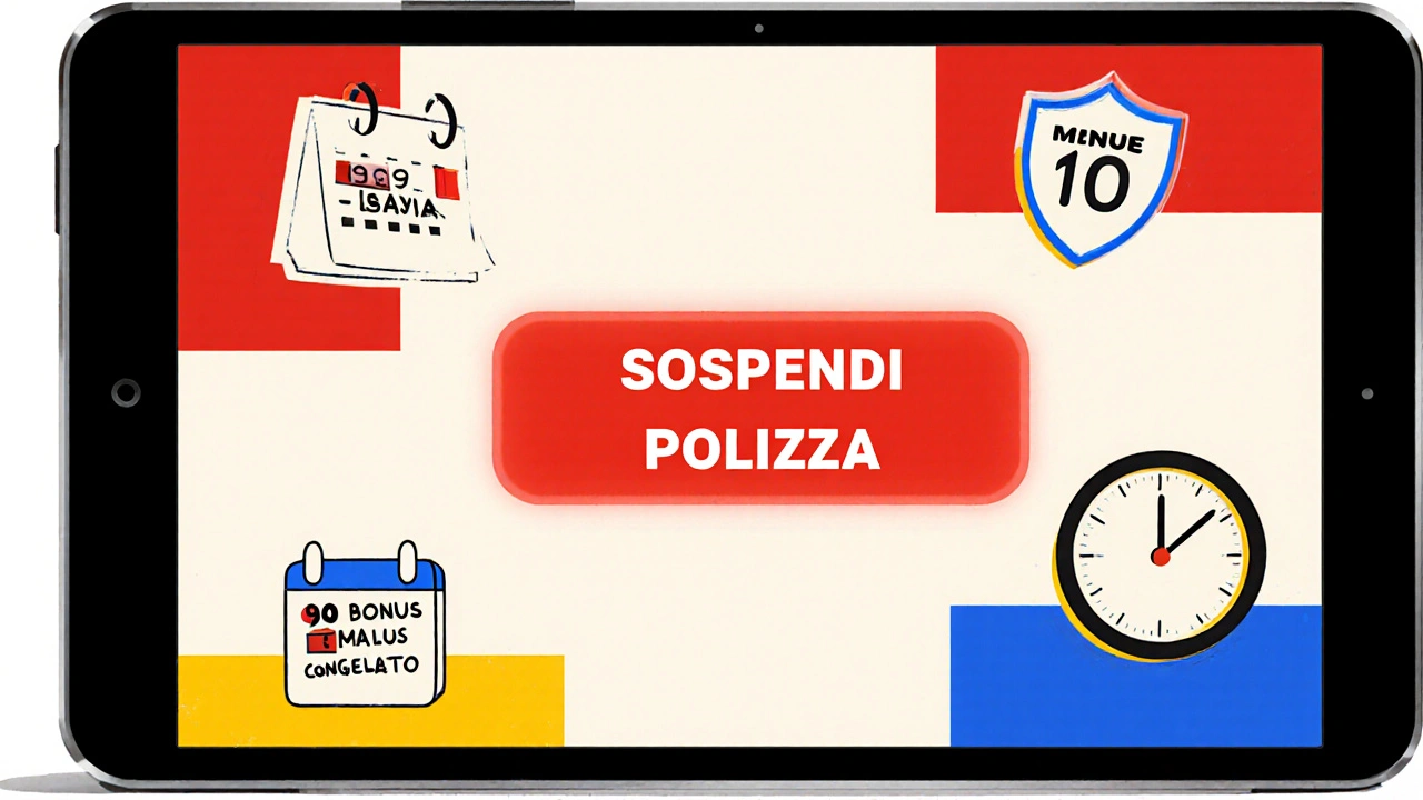 Interfaccia digitale con pulsante di sospensione e icone che rappresentano durata, bonus malus e tempo limite.