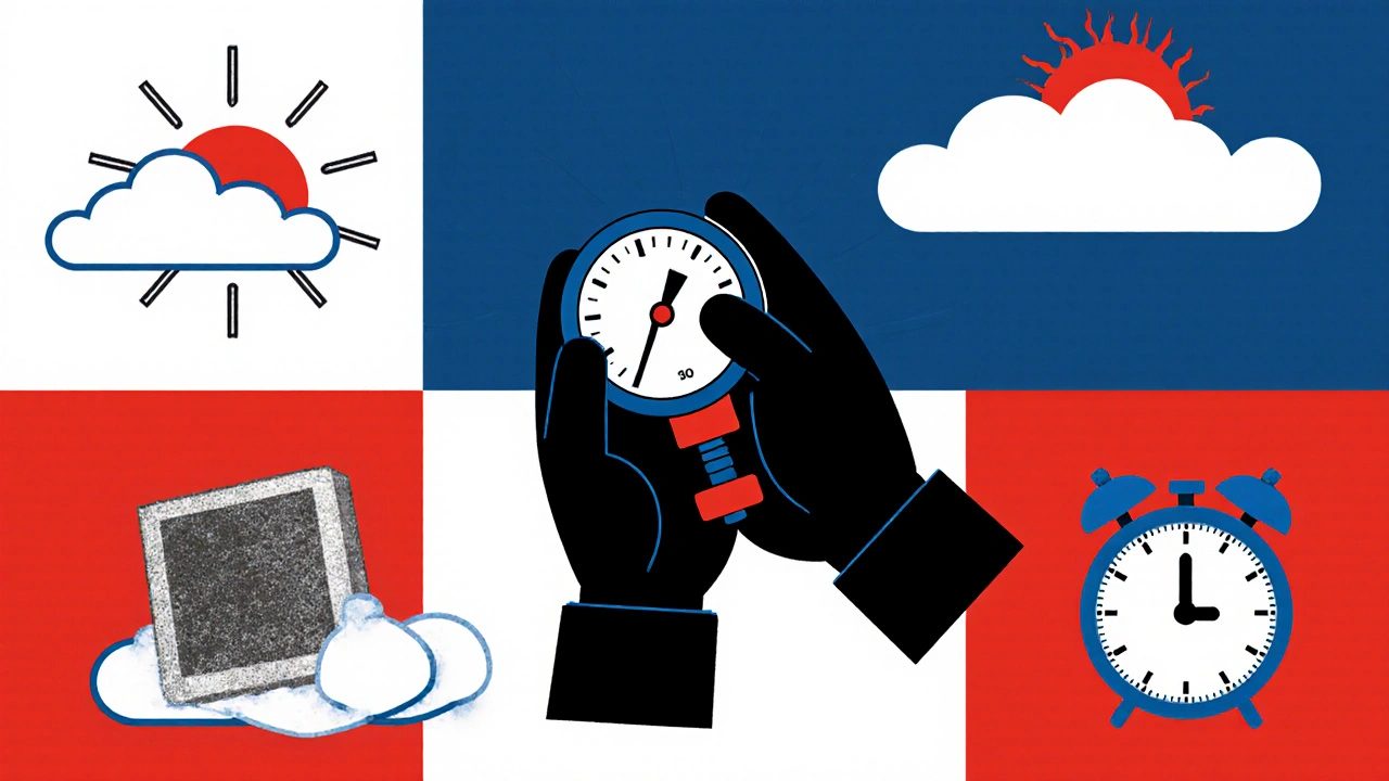 Mani di meccanico con misuratore e filtro abitacolo, circondati da forme geometriche che simboleggiano la manutenzione.