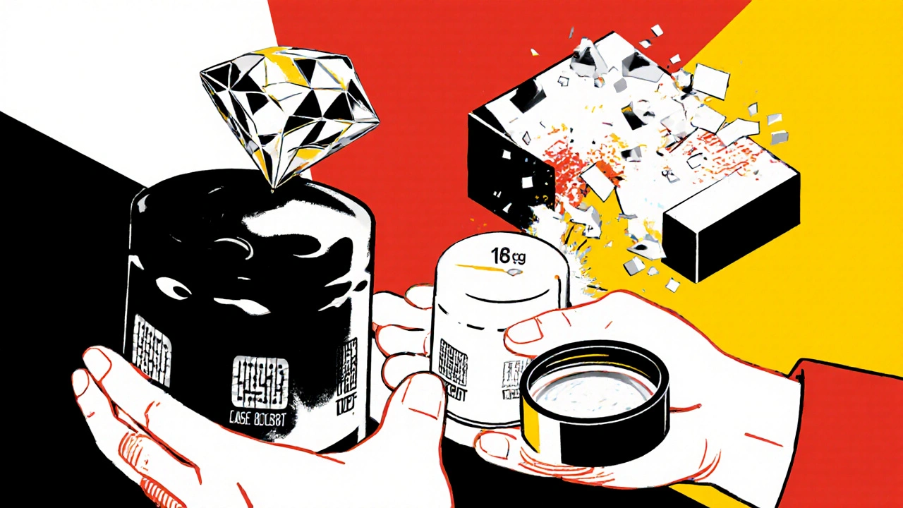 Mano che tiene due filtri: uno con codice laser e uno con stampa sfocata, ingrandito da una lente.