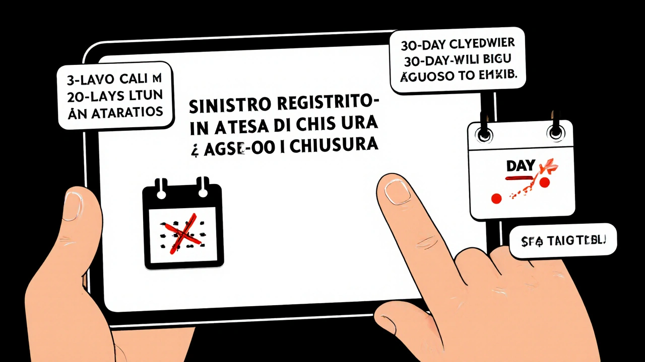 Mano che tiene un tablet con scadenze chiave per la notifica e l&#039;aggiornamento del sinistro.