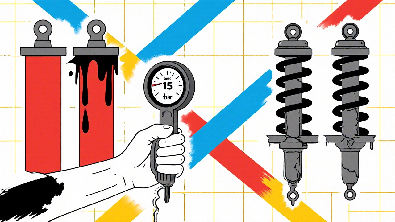 Meccanico che misura la pressione di un ammortizzatore, con confronto tra nuovo e usurato in stile De Stijl.