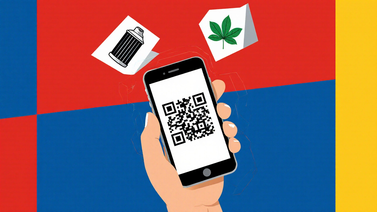 Meccanico che scansiona un codice QR su una bottiglia d&#039;olio con icone astratte di motore e filtro.