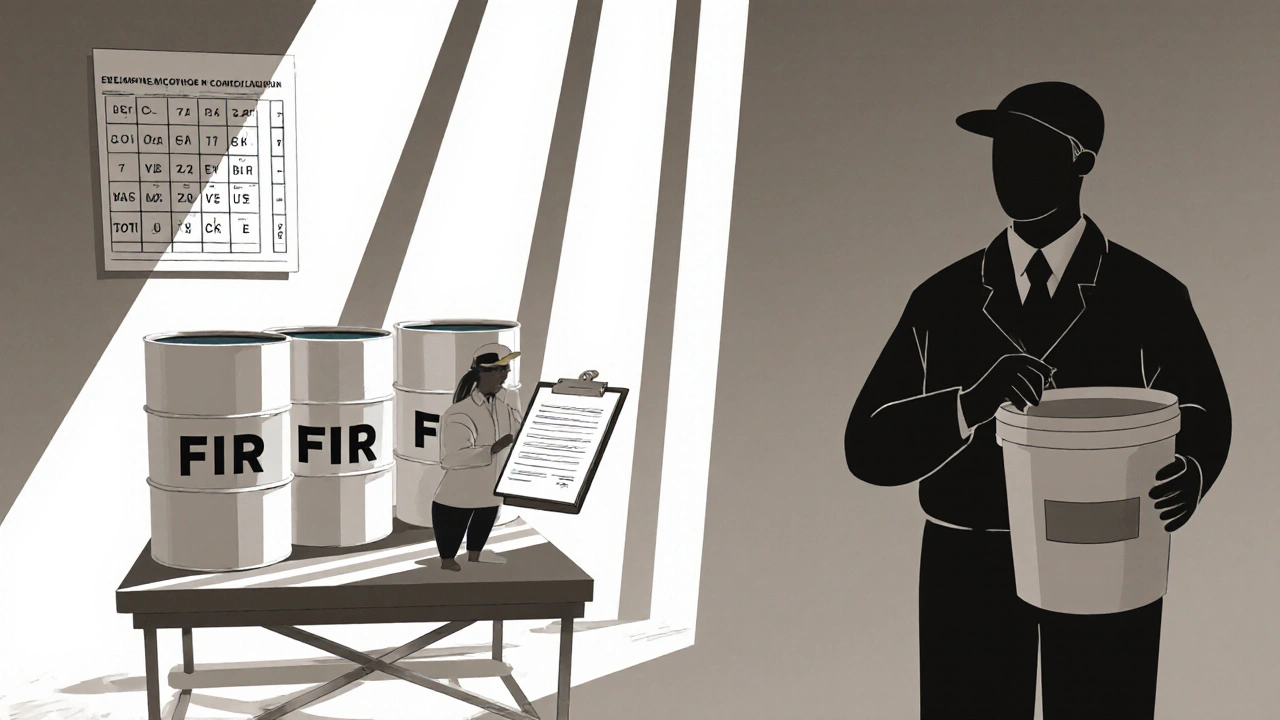 Officina ordinata con fusti corretti al Nord, contro un&#039;immagine sfocata di smaltimento errato al Sud.