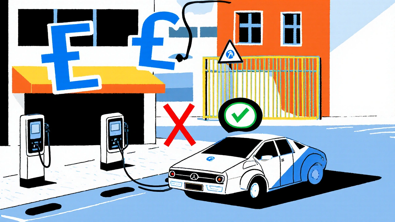 Posto ricarica elettrica con auto illegale segnata da croce rossa in stile De Stijl.