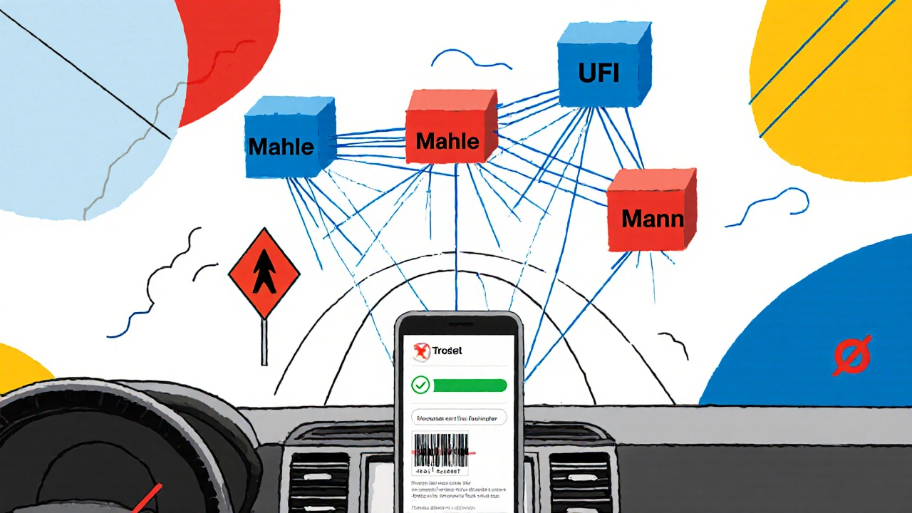 Rete blockchain che verifica filtri auto originali, con un falso che viene cancellato da una X rossa.