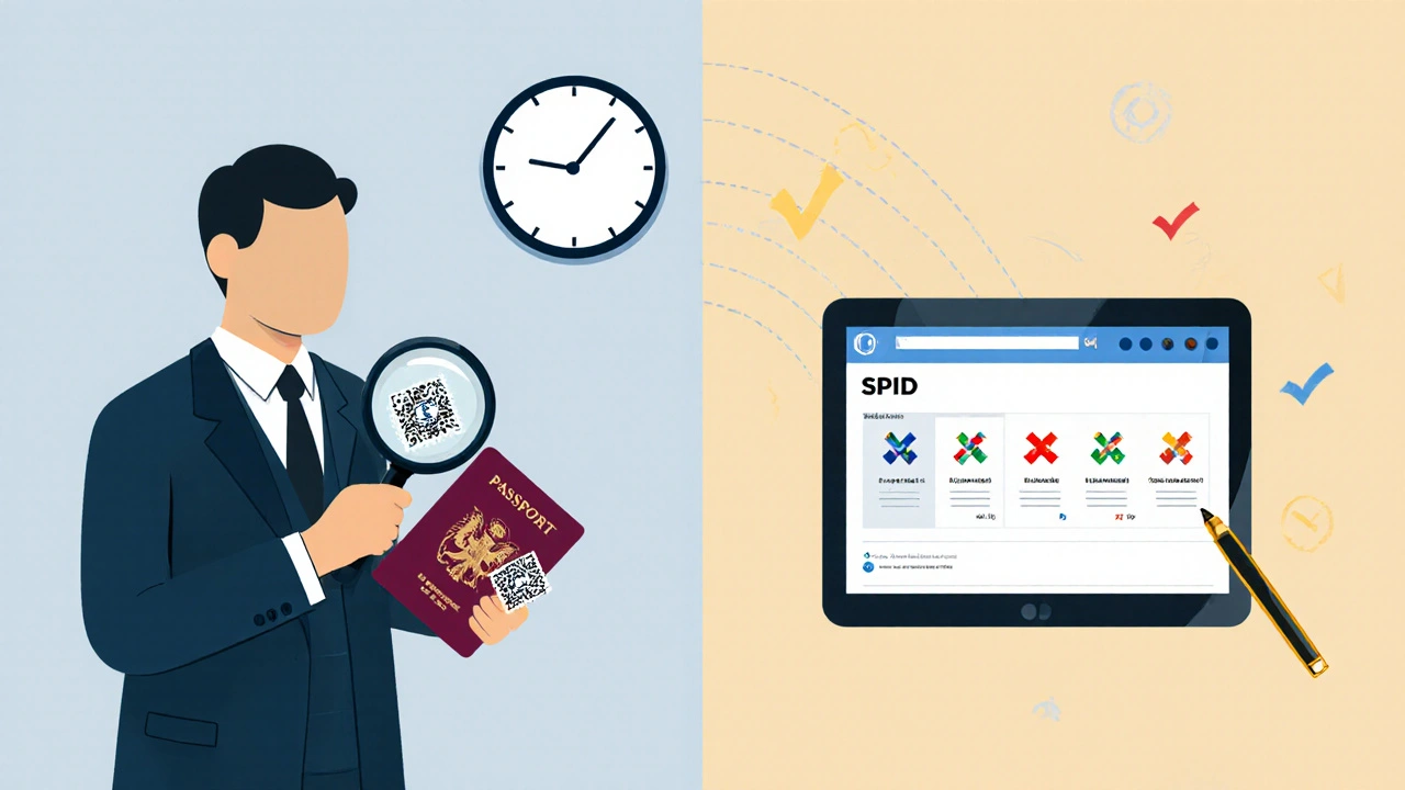 Scena divisa: notario che controlla un passaporto fisico a sinistra, tablet con autenticazione SPID a destra, con orologio che mostra tempo ridotto.