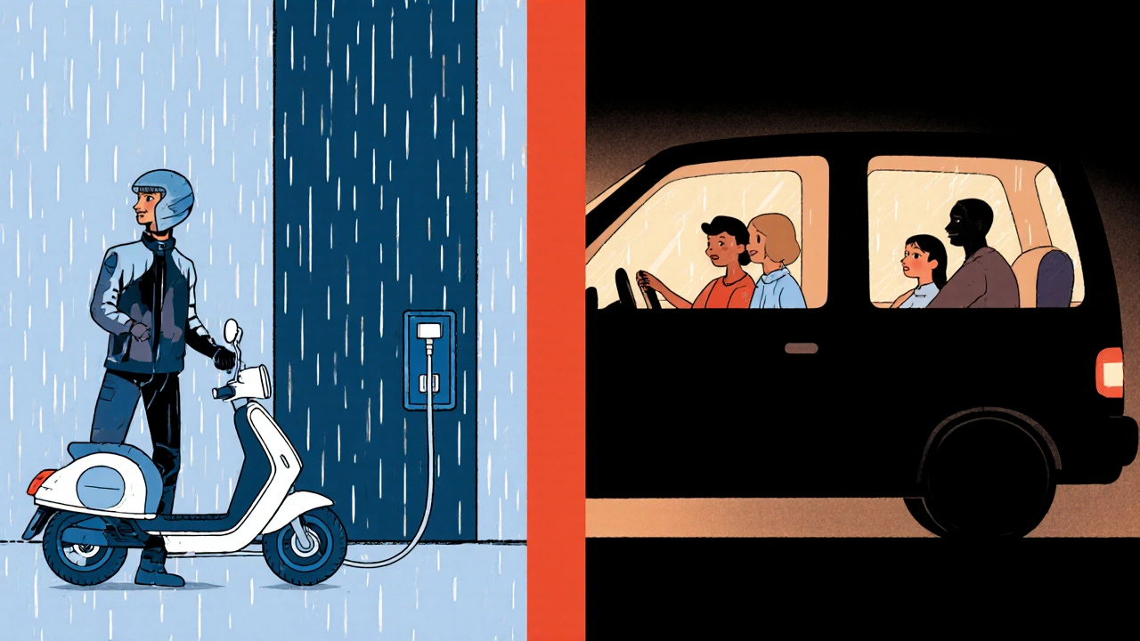Scena divisa: persona con scooter elettrico sotto la pioggia vs famiglia al caldo in auto.