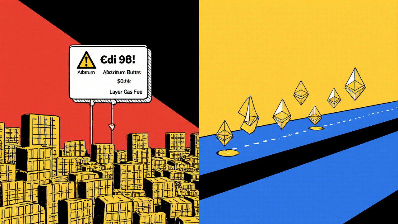 Scena divisa: rete congestionata a sinistra, Layer 2 fluida a destra, colori De Stijl e forme astratte.