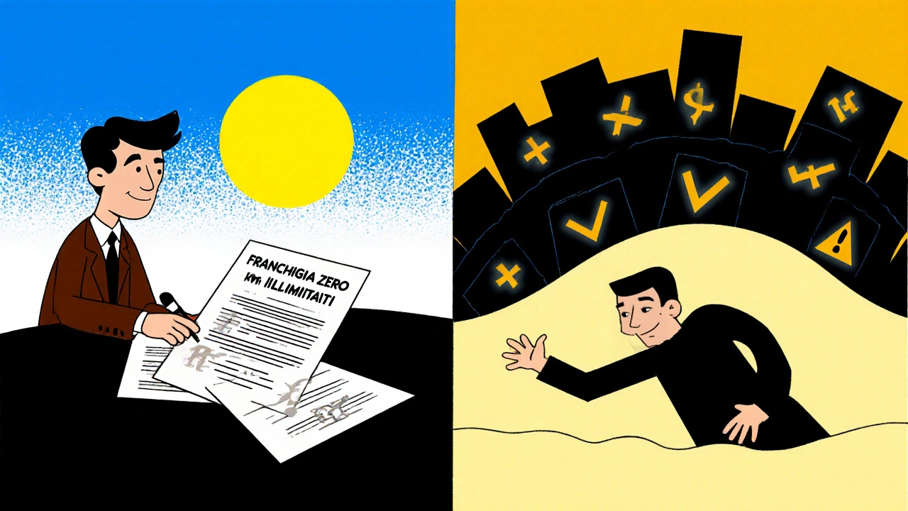 Scena divisa: uno firma con chiarezza, l&#039;altro sommerso da penalità, stile De Stijl con colori primari.