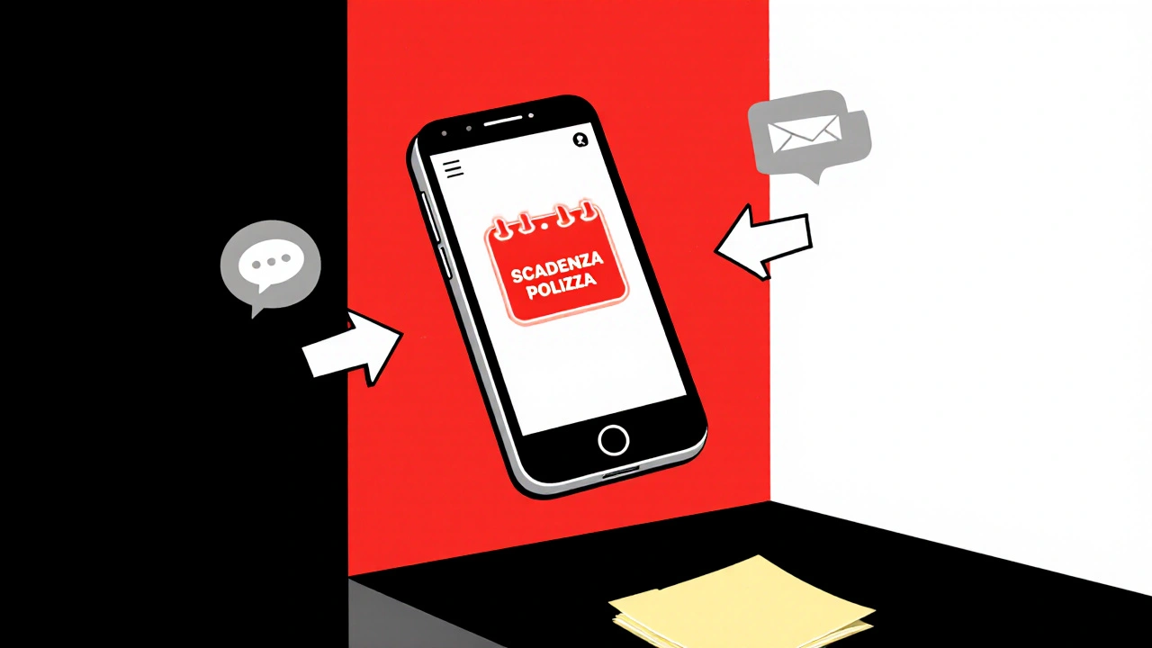 Schermo di smartphone con data in rosso e due ricordi: SMS e biglietto sul cruscotto.