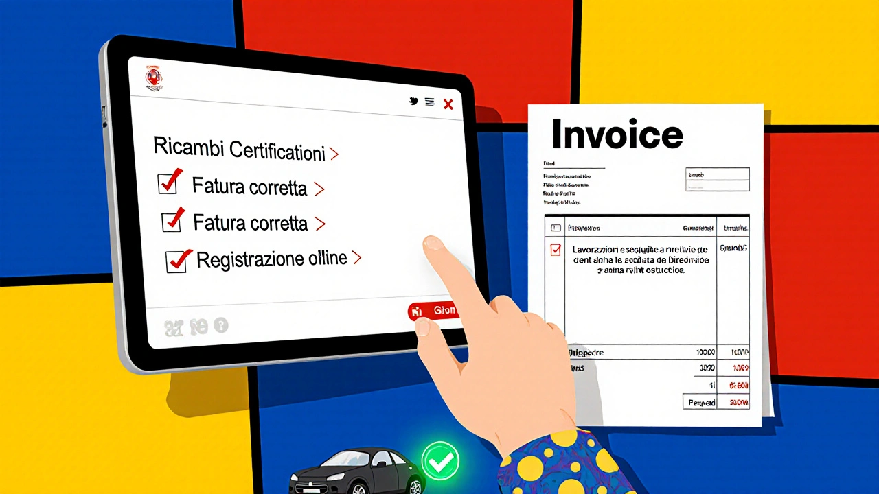 Schermo digitale con checklist di manutenzione e fattura conforme alle normative UE.