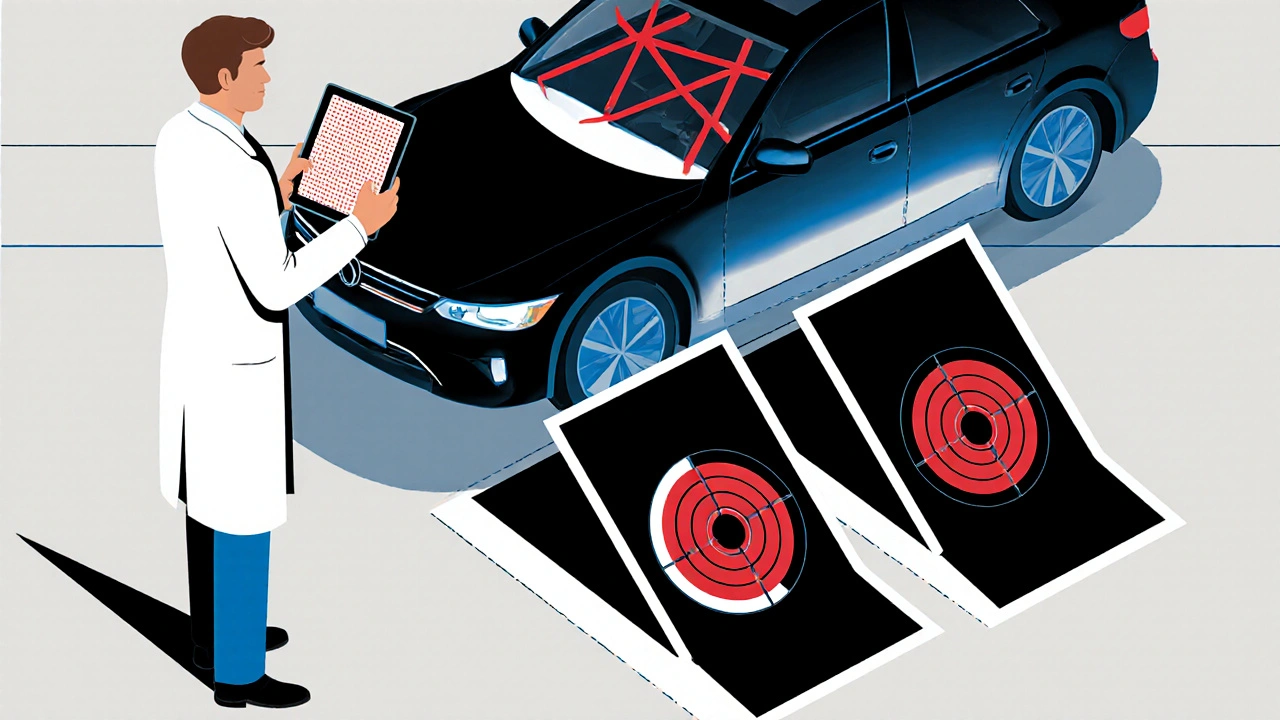 Tecnico che calibra un parabrezza con target neri e bianchi in un ambiente minimalista in stile De Stijl.