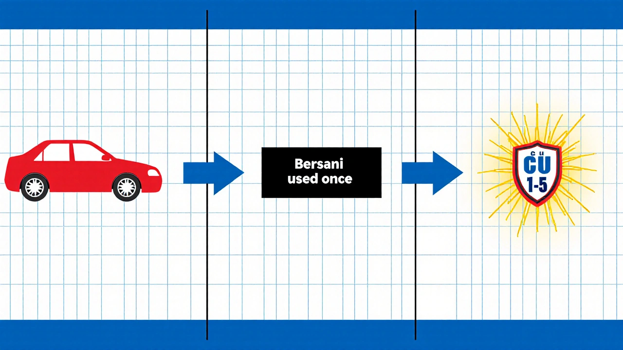 Timeline del trasferimento auto in famiglia con barrieri e scudi di classe di merito in stile De Stijl.
