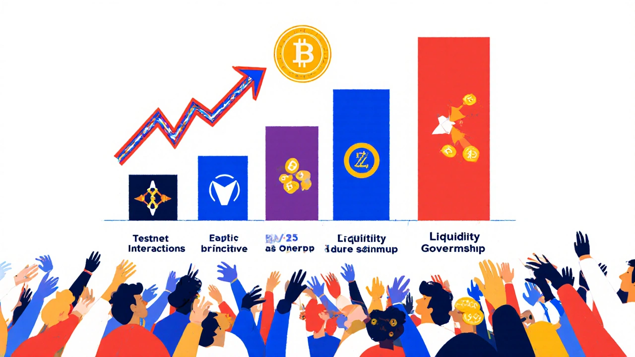 Timeline trimestrale di airdrop con interazioni e governance in stile De Stijl