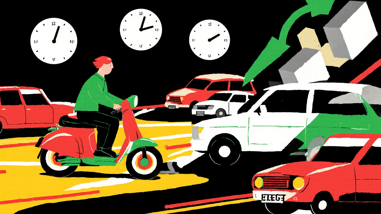 Uno scooter che filtra nel traffico cittadino, con frecce colorate che indicano il tempo risparmiato.