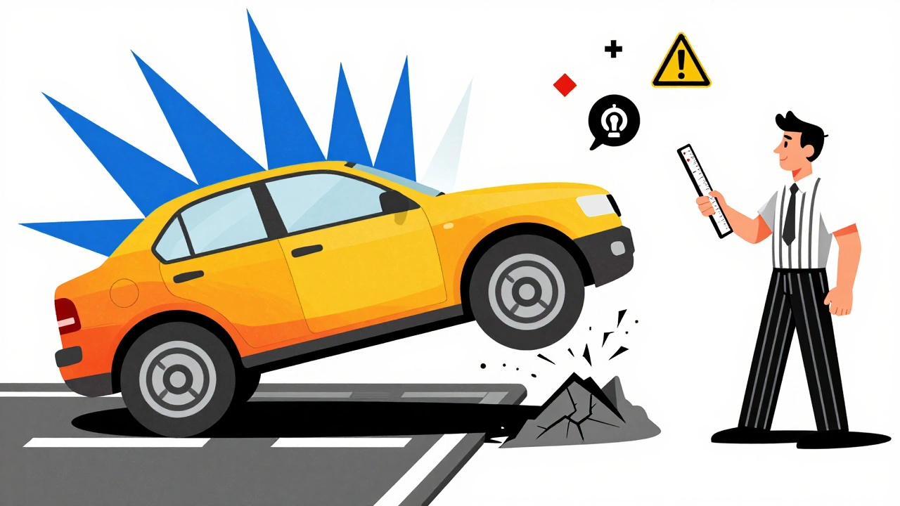 Auto che colpisce un cordolo con onde di shock e danni alla sospensione